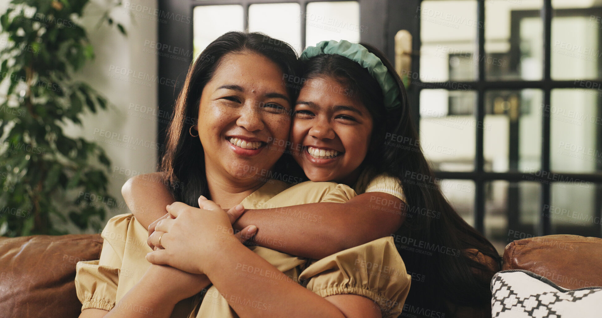 Buy stock photo Mom, child and hug portrait on sofa for bonding together, healthy relationship or security. Happy family, mother and girl with embrace in home for connection, gratitude and affection on weekend break