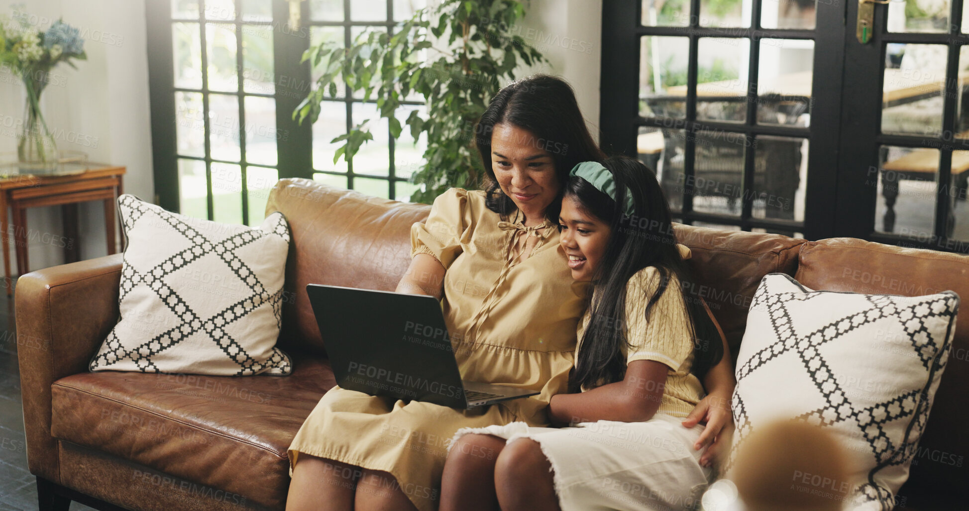 Buy stock photo Laptop, relax and mother with child on sofa for watching movie, show or series together in home. Computer, happy and mom with girl kid for streaming film, bonding or connection in living room.