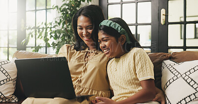 Buy stock photo Laptop, relax and mom with child on sofa for watching movie, show or series together on weekend. Computer, happy and mother with girl kid for streaming film, bonding or connection in living room.