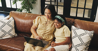 Buy stock photo Laptop, happy and mother with child on sofa for watching movie, show or series together on weekend. Computer, relax and mom with girl kid for streaming film, bonding or connection in living room.