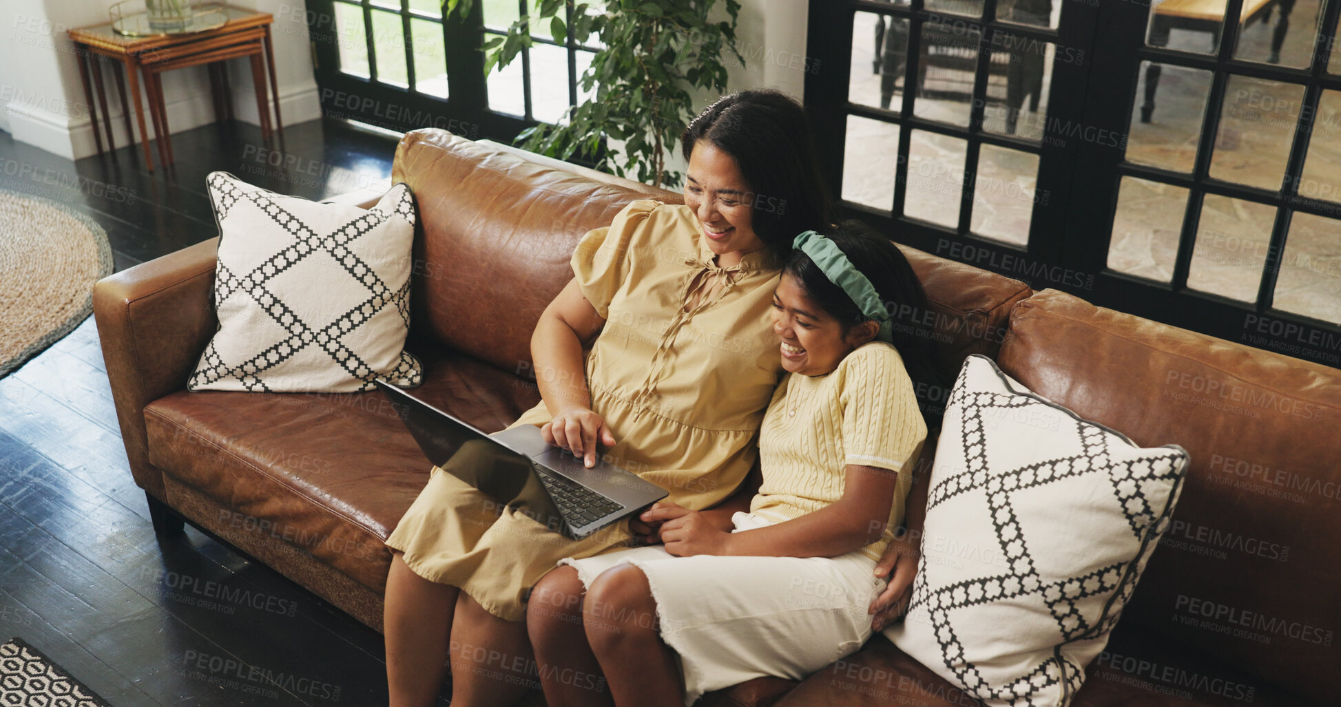 Buy stock photo Laptop, relax and mom with kid on sofa for watching movie, show or series together in home. Computer, top view and mother with girl child for streaming film, bonding or connection in living room.