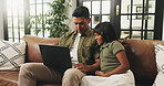 Laptop, relax and father with kid on sofa for watching movie, show or series together on weekend. Computer, happy and dad with girl child for streaming film, bonding or connection in living room.