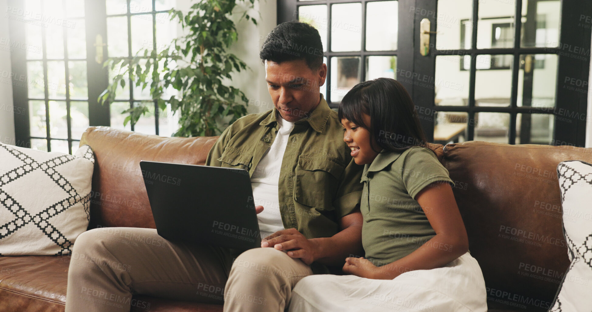 Buy stock photo Laptop, relax and father with kid on sofa for watching movie, show or series together in home. Computer, happy and dad with girl child for streaming film, bonding or connection in living room.