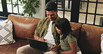 Laptop, relax and dad with child on sofa for watching movie, show or series together on weekend. Computer, happy and father with girl kid for streaming film, bonding or connection in living room.