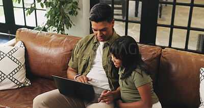 Buy stock photo Laptop, relax and dad with child on sofa for watching movie, show or series together in home. Computer, happy and father with girl kid for streaming film, bonding or connection in living room.