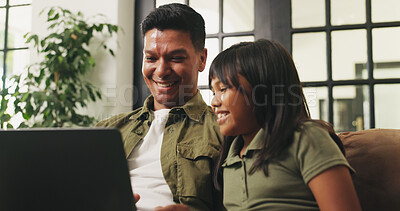 Buy stock photo Laptop, relax and father with kid on sofa for watching movie, show or series together in home. Computer, happy and dad with girl child for streaming film, bonding or connection in living room.