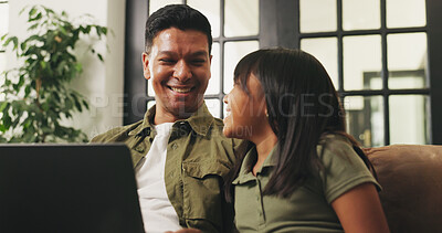 Buy stock photo Laptop, relax and father with child on sofa for watching movie, show or series together on weekend. Computer, happy and dad with girl kid for streaming film, bonding or connection in living room.