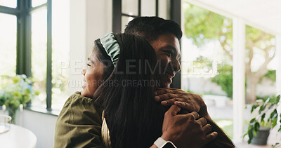 Buy stock photo Love, father and hug kid in home for connection, trust and reunion with foster daughter. Adoption, dad and girl embrace in living room together, family support and smile with single parent for care
