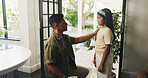 Dad, child and door with goodbye for safety check, rules and discipline guidance in home. Father, talking and kid listening with parent or guardian for behaviour, farewell or weekend out by entrance