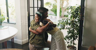 Buy stock photo Dad, child or hug with goodbye in home for love, safety or care together by door or entrance. Father, kid or daughter with smile, parent or guardian for embrace, farewell or holiday greeting in house