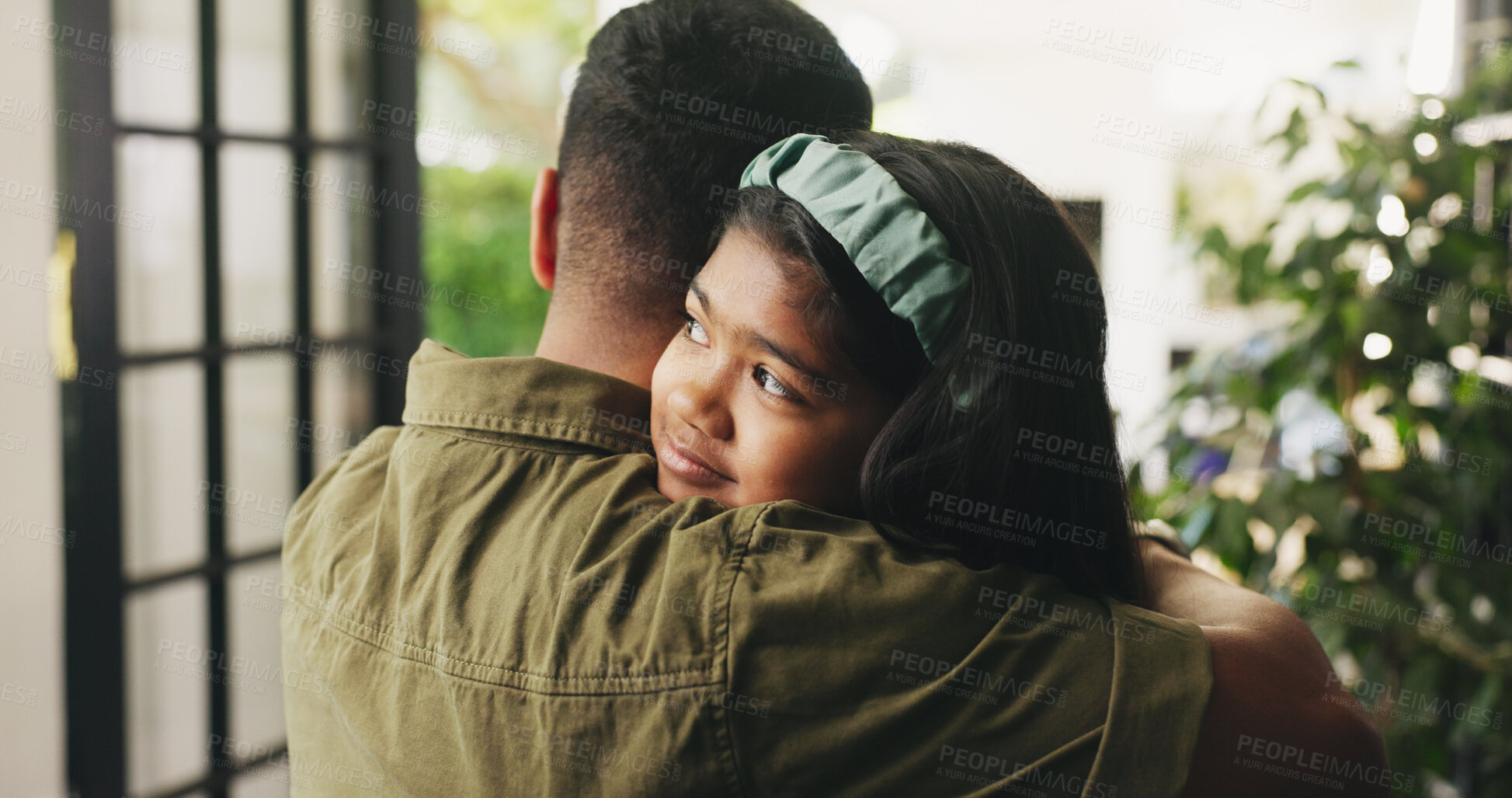 Buy stock photo Dad, child or hug with greeting in home for love, safety or care together by door or entrance. Father, kid or daughter with smile, parent or guardian for embrace, farewell or holiday goodbye in house