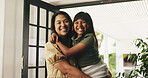 Happy, hug and portrait of mother with child in home with trust, support or bonding together. Smile, love and mom carrying girl kid in house for family time, safety or care with embracing on weekend.
