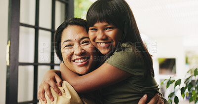 Buy stock photo Happy, hug and portrait of mom with child in home with trust, support or bonding together. Smile, love and mother carrying girl kid in house for family time, safety or care with embracing on weekend.