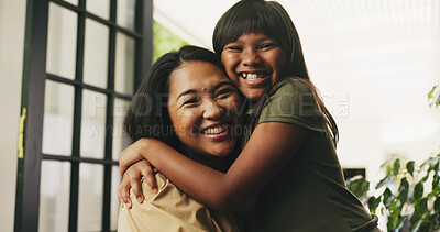 Buy stock photo Smile, hug and portrait of mother with child in home with trust, support or bonding together. Happy, love and mom carrying girl kid in house for family time, safety or care with embracing on weekend.