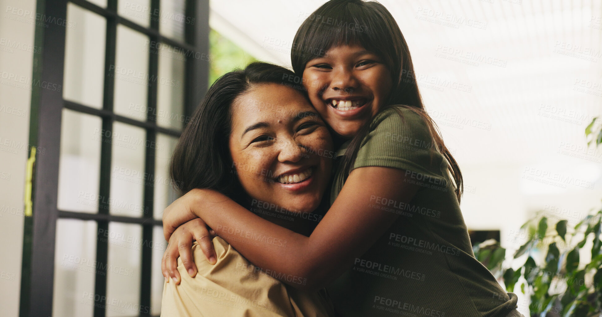 Buy stock photo Smile, hug and portrait of mother with child in home with trust, support or bonding together. Happy, love and mom carrying girl kid in house for family time, safety or care with embracing on weekend.