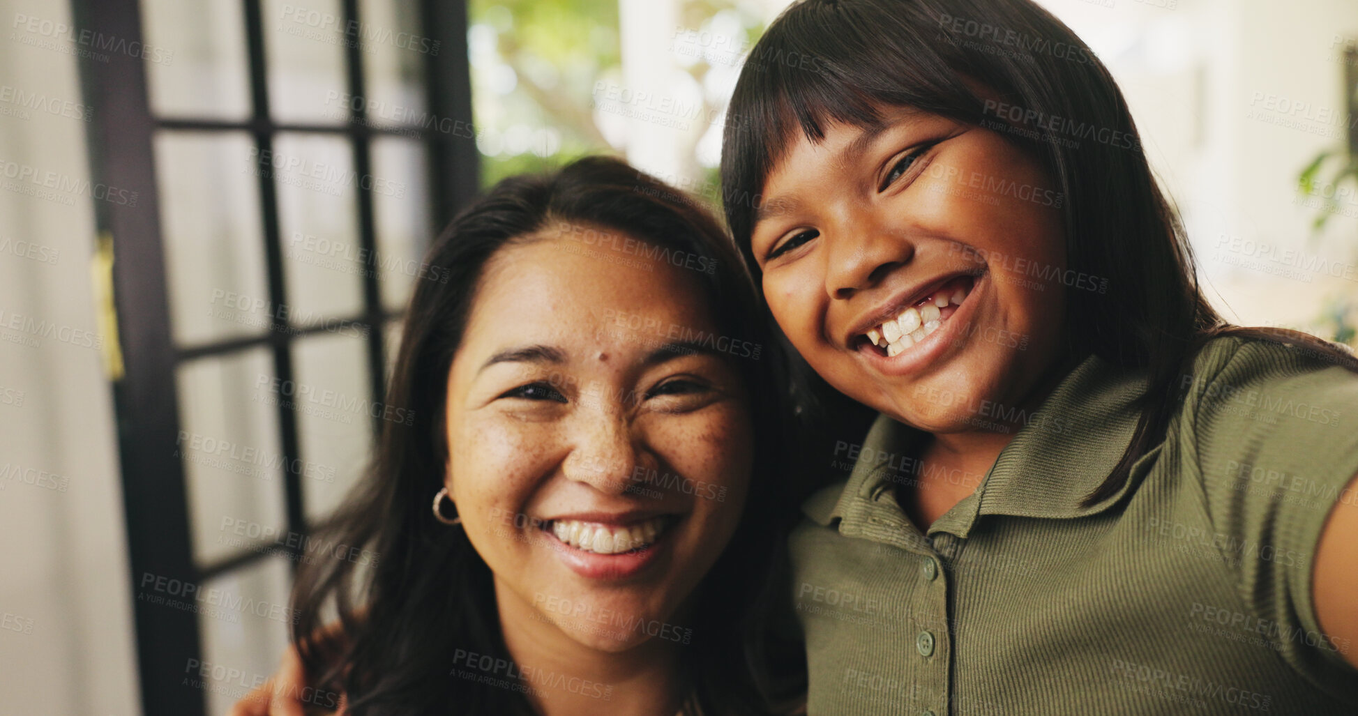 Buy stock photo Happy, selfie and portrait of mom and child in home for bonding, memory and social media post. Family, smile and picture of mother and girl for connection, relationship and together in living room