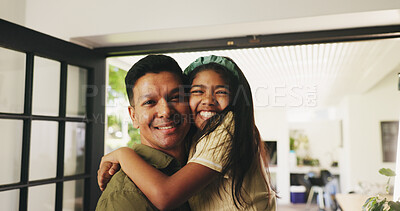 Buy stock photo Happy, hug and portrait of father with child in home with trust, support or bonding together. Smile, love and dad carrying girl kid in house for family time, safety or care with embracing on weekend.