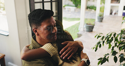 Buy stock photo Happy, hug and father with child in home with trust, support or bonding together with comfort. Smile, love and dad carrying girl kid in house for family time, safety or care with embracing on weekend