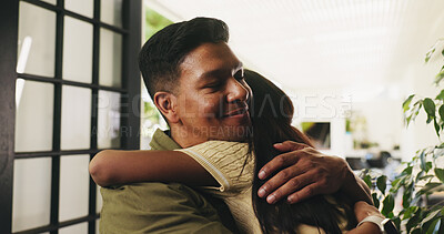 Buy stock photo Care, father and hug kid in home for connection, trust and reunion with foster daughter. Adoption, dad and girl embrace in house for thank you, family support and smile with single parent for love