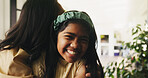 Smile, mama and hug child in home for connection, love and security with portrait of daughter. Safety, mother and girl embrace in house for bonding together, family support and kid with single parent