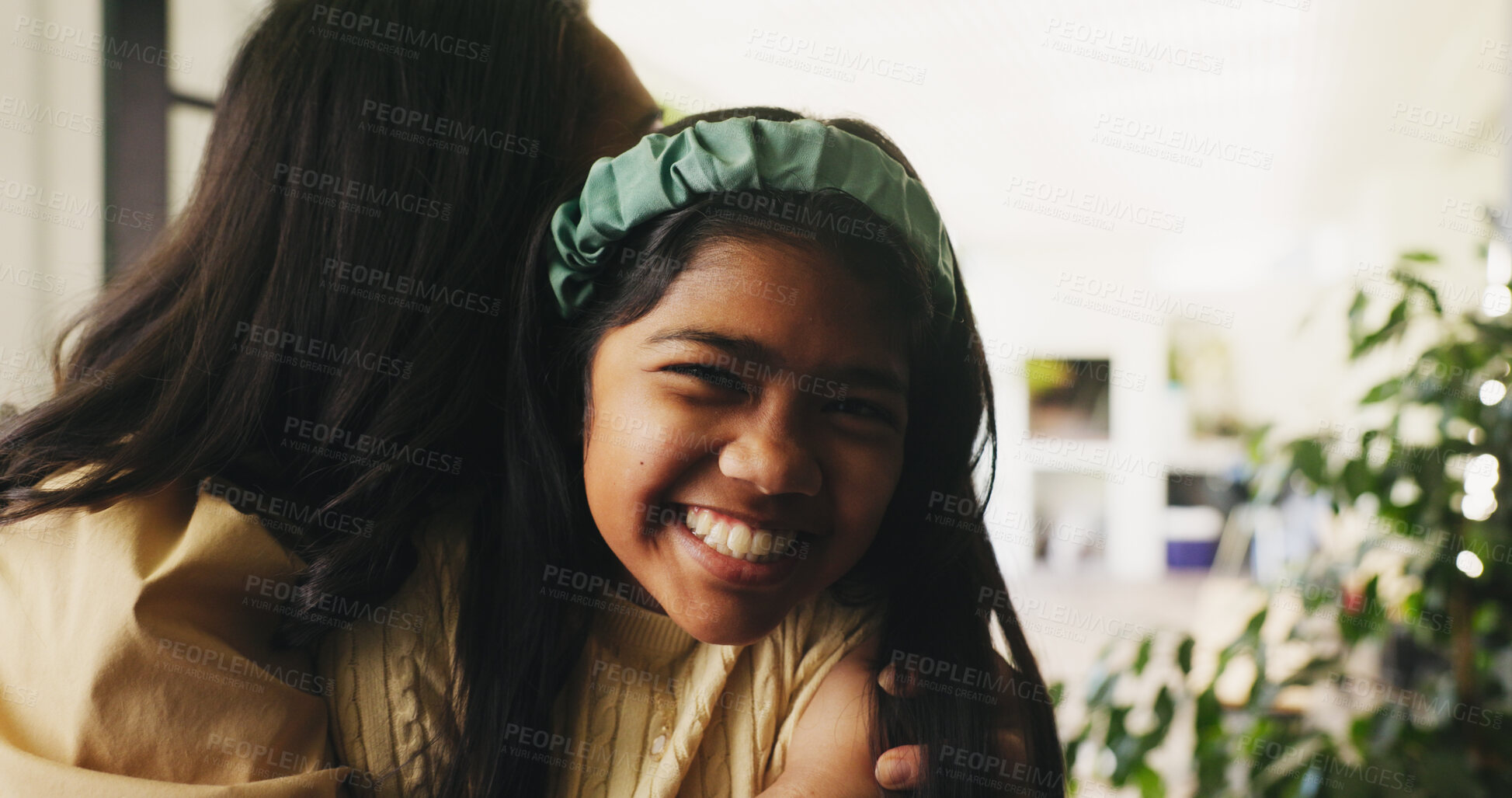 Buy stock photo Smile, mama and hug child in home for connection, love and security with portrait of daughter. Safety, mother and girl embrace in house for bonding together, family support and kid with single parent