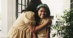Smile, mama and hug child for love, connection and security with portrait of daughter in home. Safety, mother and girl embrace in house for bonding together, family support and kid with single parent