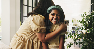 Buy stock photo Smile, mama and hug child for love, connection and security with portrait of daughter in home. Safety, mother and girl embrace in house for bonding together, family support and kid with single parent