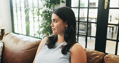 Buy stock photo Woman, thinking and relax on couch in home with reflection, choice and memory in morning in living room. Person, girl and perspective with insight, decision and smile on lounge sofa at apartment