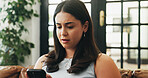 Confused, woman and scroll in home with phone, social media glitch and online post upload problem. Female person, doubt and research on sofa with tech, text message or notification for network error.