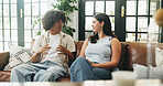 Love, couple and talk on sofa in home for healthy relationship, communication and support. Care, man and woman in lounge for conversation, connection or commitment with partner for bonding together