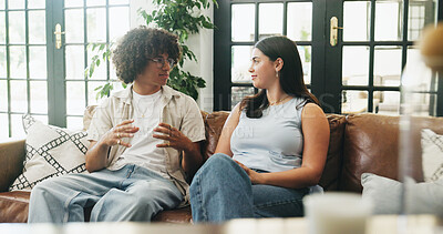 Buy stock photo Love, couple and talk on sofa in home for healthy relationship, communication and support. Care, man and woman in lounge for conversation, connection or commitment with partner for bonding together