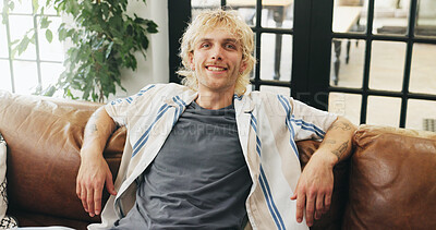 Buy stock photo Happy, relax and portrait of man on sofa for resting, comfortable and chill on weekend in home. Apartment, smile and person on couch for me time, break and holiday with positivity in living room