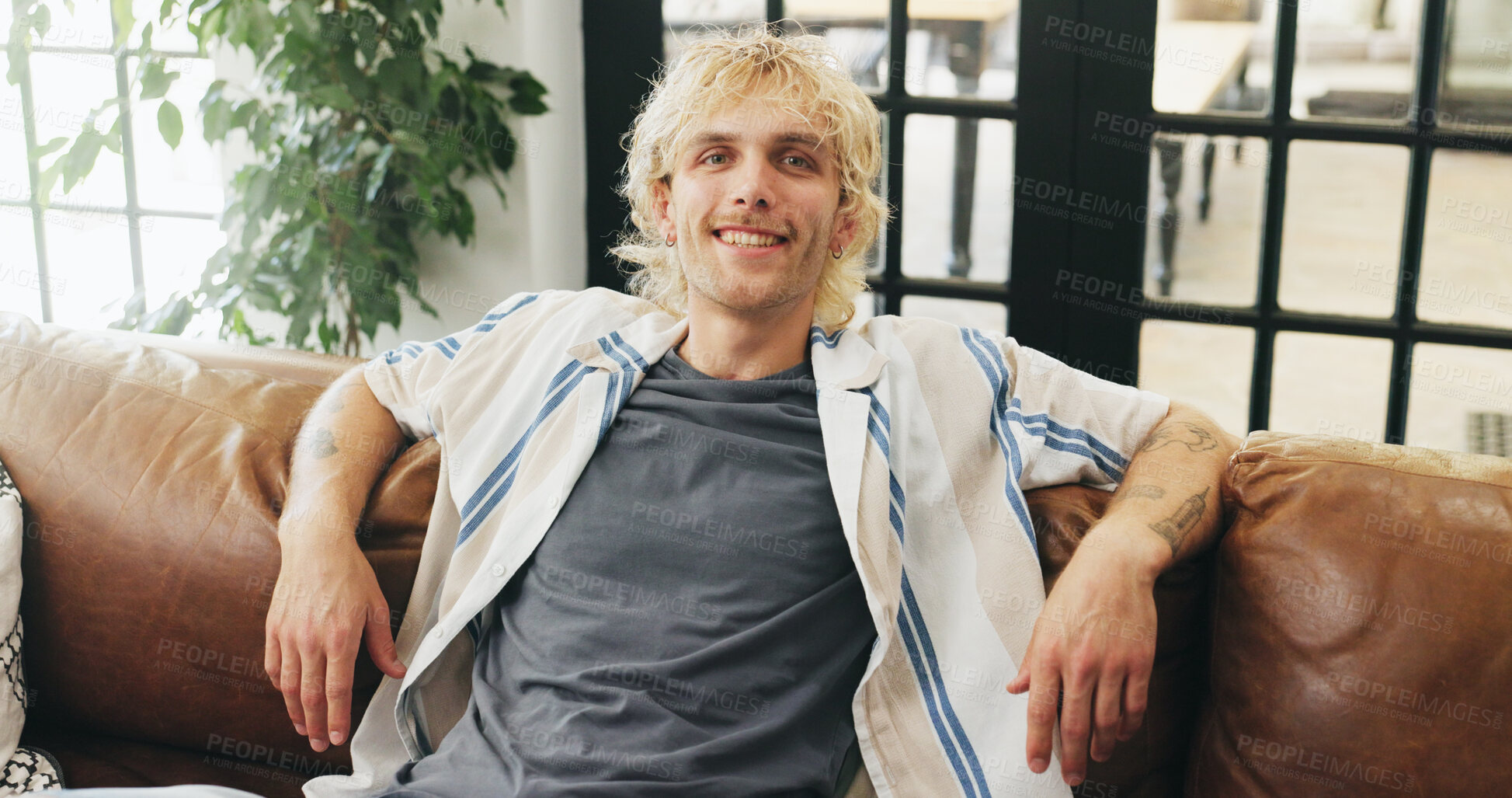 Buy stock photo Happy, relax and portrait of man on sofa for resting, comfortable and chill on weekend in home. Apartment, smile and person on couch for me time, break and holiday with positivity in living room