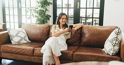 Buy stock photo Relax, couch and woman with phone for browsing, check online message and notification for social media. Smile, reading and person with mobile for internet search, download app and home entertainment