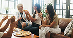 Happy, pizza or friends in living room with connection, celebration or bonding together in reunion. Social gathering, gen z or people in house with meal, relax or fun time in healthy relationship.