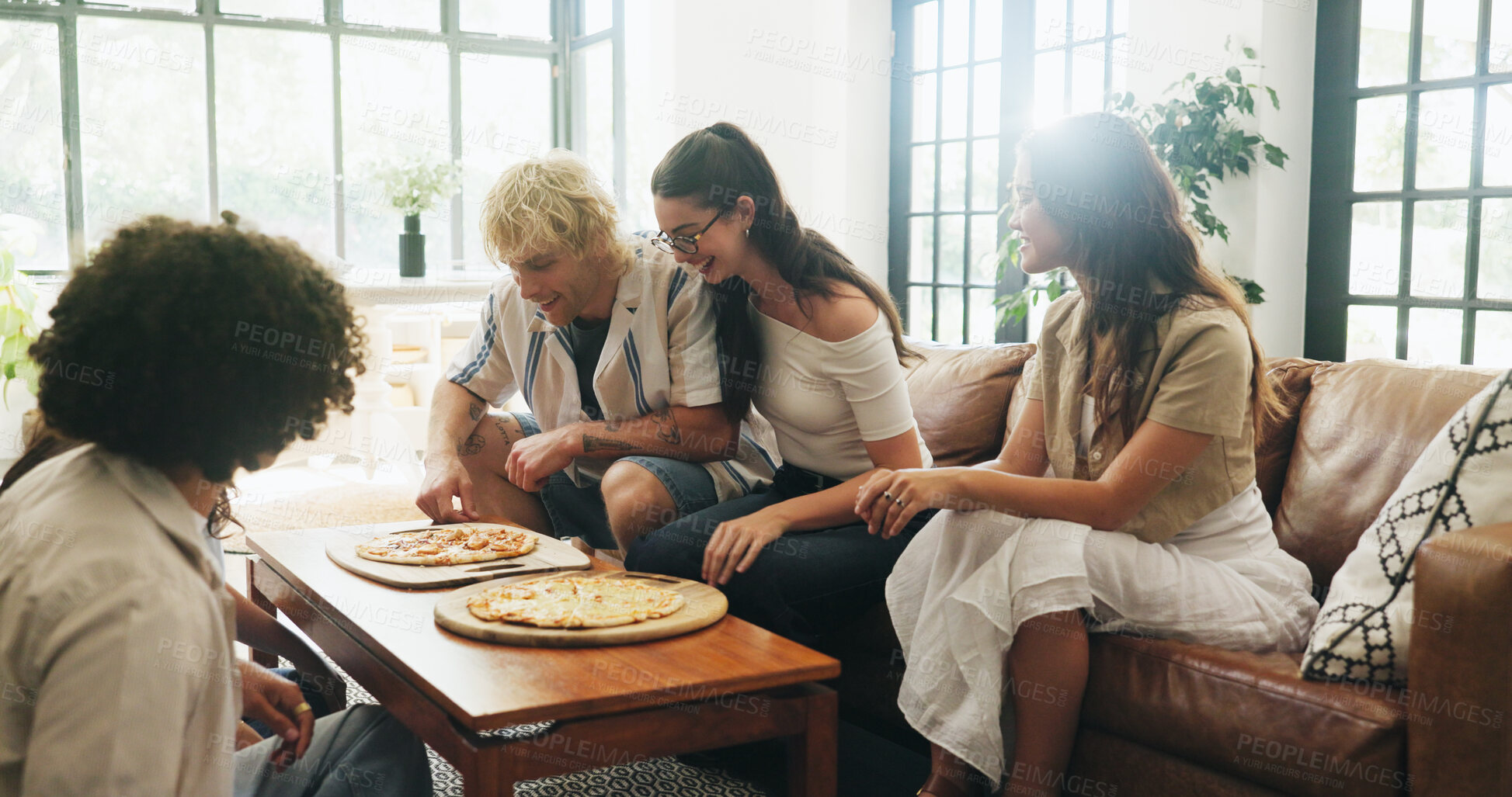 Buy stock photo Happy, pizza or people in living room with connection, celebration or bonding together in reunion. Social gathering, flare or friends in home with meal, relax or fun time in healthy relationship.