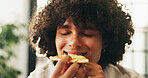 Man, bite pizza and happy in home for fast food, cheat meal or eyes closed in living room. Person, hungry and eating snack with pie, pastry and relax with flavor, temptation or break at apartment