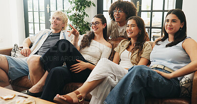 Buy stock photo Friends, watching tv and laugh on sofa in home for movies, point and bonding in lounge on break. People, group and smile with streaming for film subscription, pizza or television show at apartment