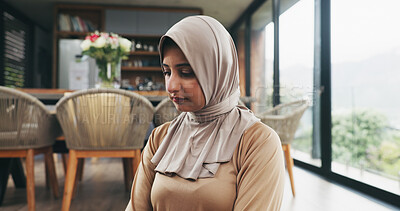 Buy stock photo Islamic woman, hijab and salah with worship, prayer or faith for tradition or culture in home. Female person, muslim praying and religion with scarf, eid or ramadan kareem for Allah or praise god