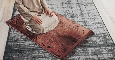 Buy stock photo Muslim, person and prayer with hands in home for religion, faith and dua on Ramadan Kareem above. Islam, praying and worship God with spiritual devotion, salah and praise Allah on mat in house