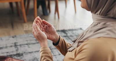 Buy stock photo Hands, woman and praying with dua at house for faith, praise Allah and spiritual worship in Ramadan. Muslim, person and prayer with salah, religious practice and devotion to God for islamic belief