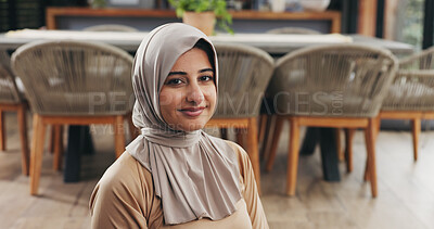 Buy stock photo Muslim, woman or happy portrait in home for prayer, spiritual gratitude or religious worship. Hijab, islamic person or smile in living room for salah, fasting meditation or peaceful on Ramadan kareem