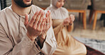 Muslim, family and hands in prayer for faith with worship, salah or routine for Islam in home. Respect, devotion and Islamic people kneeling in house for gratitude, trust in God or Allah for religion
