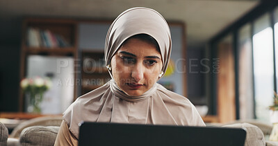 Buy stock photo Muslim woman, laptop and reading in lounge for learning, online Quran course or Arabic language studying. Education, pc or person with hijab in home for religious understanding, theology or knowledge