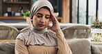 Thinking, stress and sad muslim woman in home with worry, financial crisis and decision. Hijab, reflection and person with depression in house for bankruptcy, debt and anxiety for mental health