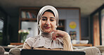 Muslim woman, laptop and reading in house for learning, online Quran course or Arabic language studying. Education, pc or happy person with hijab for religious understanding, prayer info or knowledge