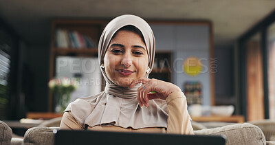 Buy stock photo Muslim woman, laptop and reading in house for learning, online Quran course or Arabic language studying. Education, pc or happy person with hijab for religious understanding, prayer info or knowledge