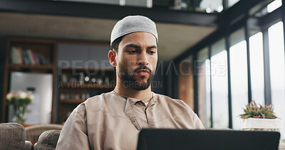 Buy stock photo Muslim man, laptop and review with remote work from home for thinking, decision or project management in lounge. Islamic person, computer and insight for proposal, feedback and freelance job in house