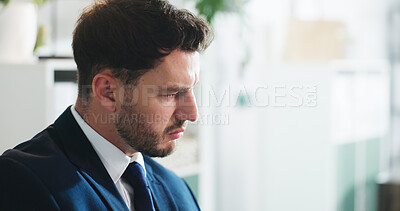 Buy stock photo Thinking, man and lawyer worry in office for case loss, legal error and compliance failure. Disappointed, male attorney and reflection with damaged reputation, contract breach and negligence lawsuit