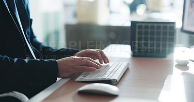 Buy stock photo Man, hands and typing in office with computer, risk assessment email and corporate governance report. Person, keyboard and research in workplace with planning, audit compliance and accounting admin.